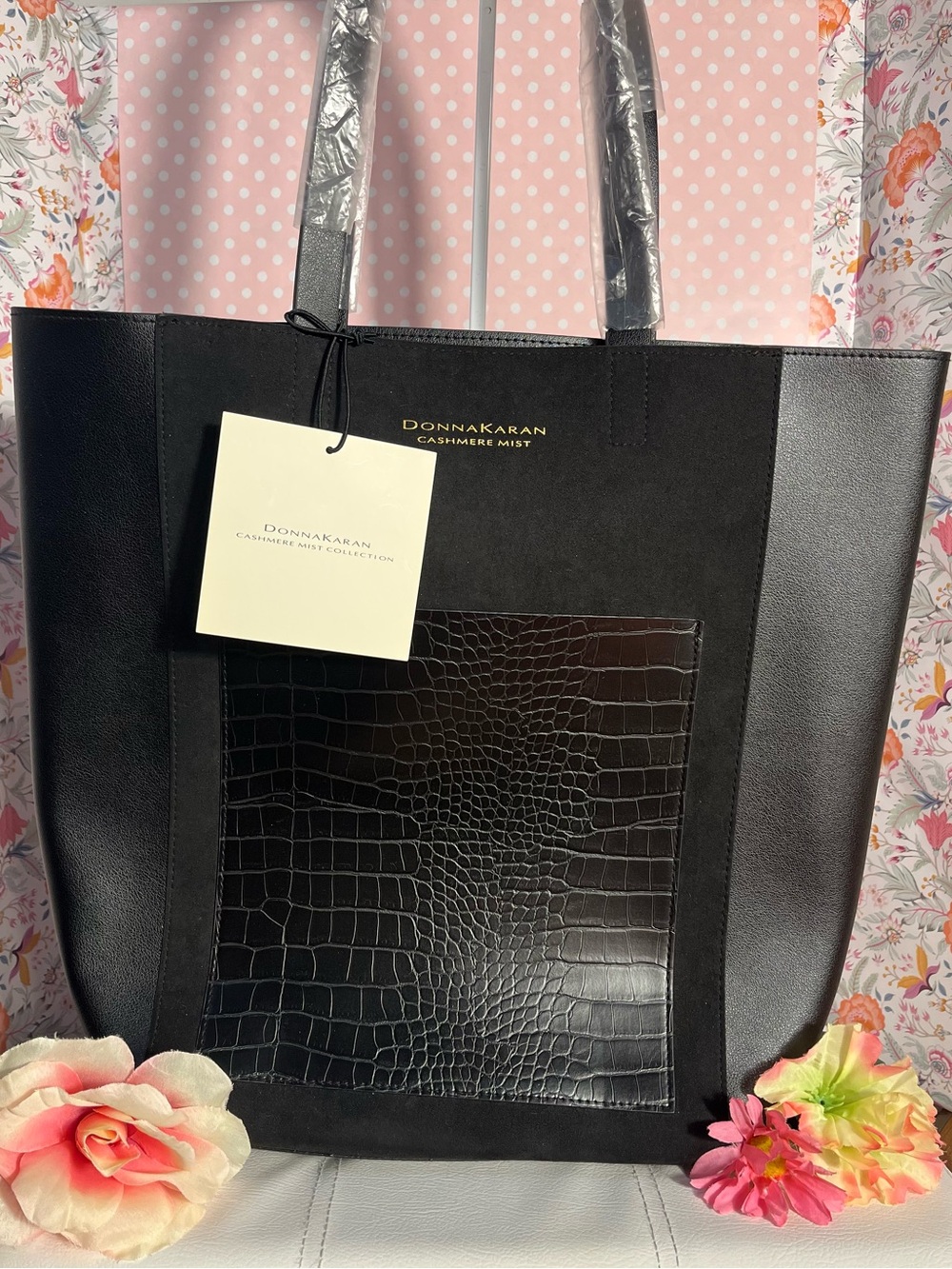 Donna Karan Black Croc-Embossed Vegan Leather Tote